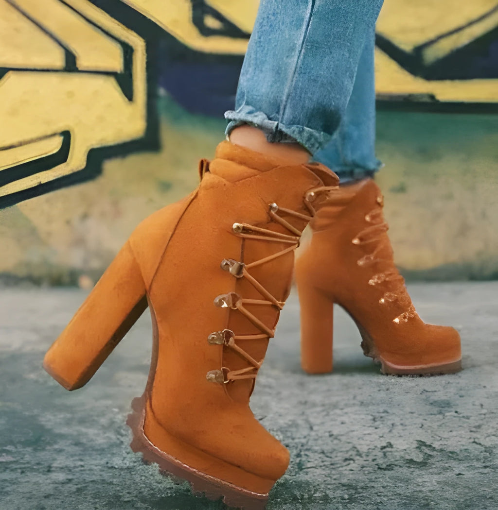 Women's suede ankle boots with a thick high heel, round toe, and buckle detail in army green.