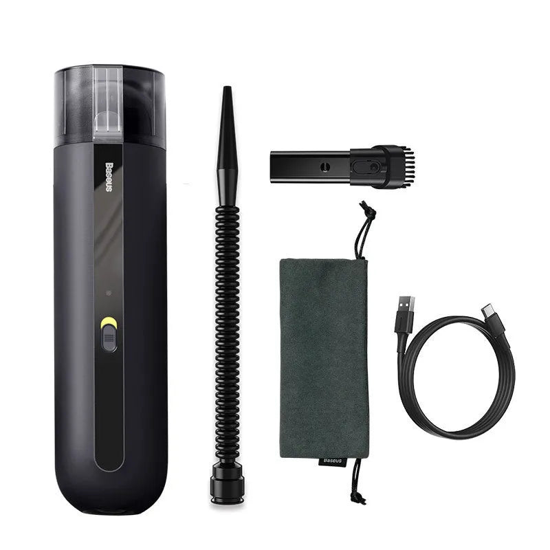 BASEUS wireless handheld car vacuum cleaner in black, white, or green with blowing hose.