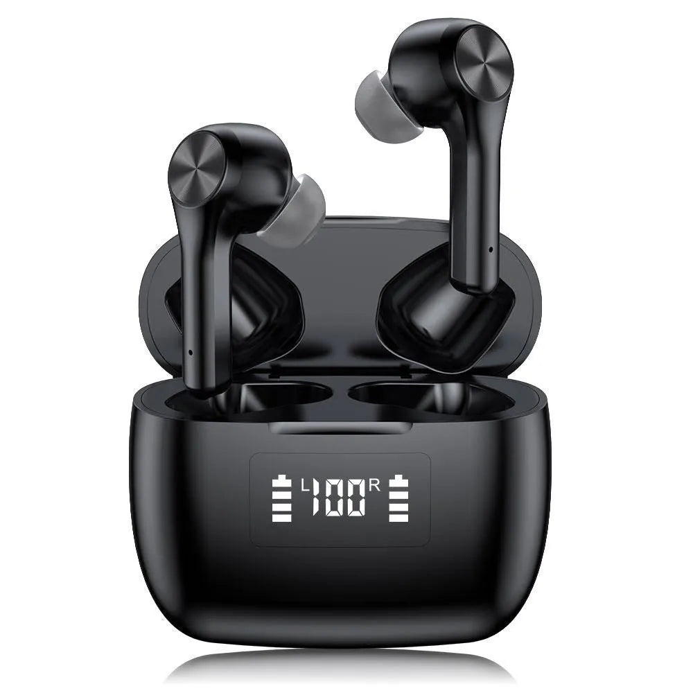 Cool black wireless noise cancelling earbuds with charging case on a white background.