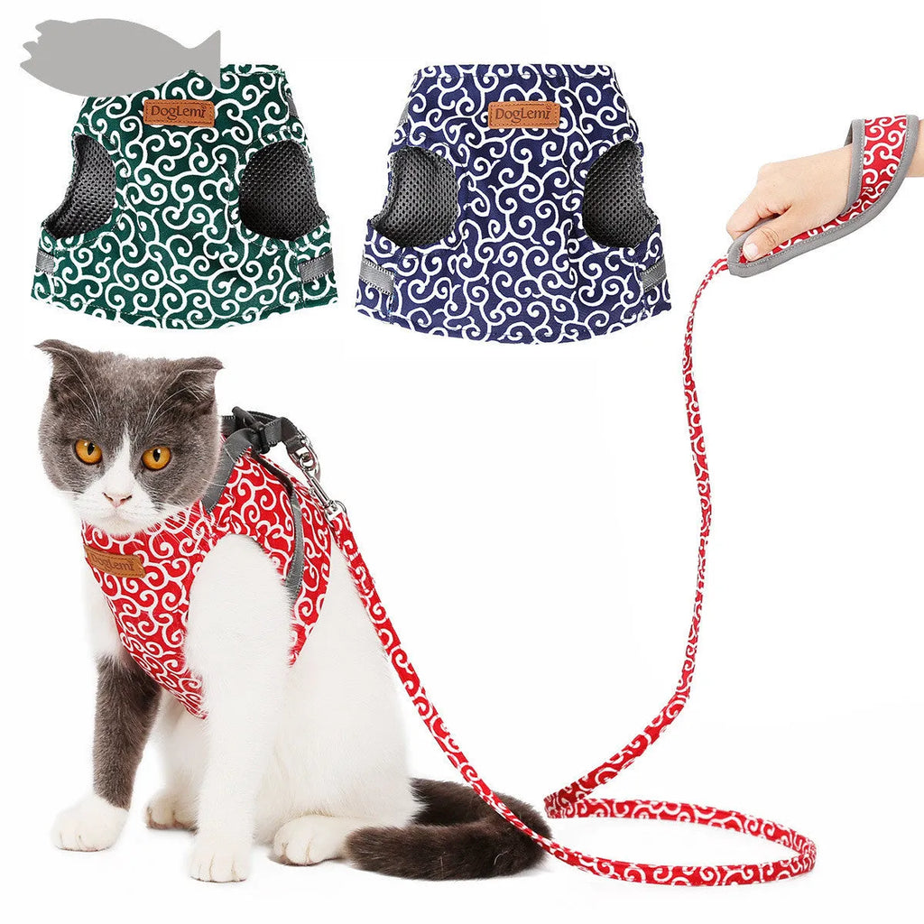 Cat vest harness traction rope in polyester canvas with 38mm Velcro and chrome-plated D-ring, Blue Green Red, S XS