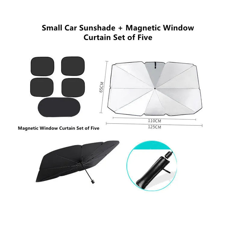 Car sun umbrella made from titanium silver glue and impact cloth with telescopic arms, resting on a car windscreen interior
