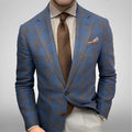 Men's slim fit plaid suit coat in blue plaid with lapel collar and long sleeves for business wear