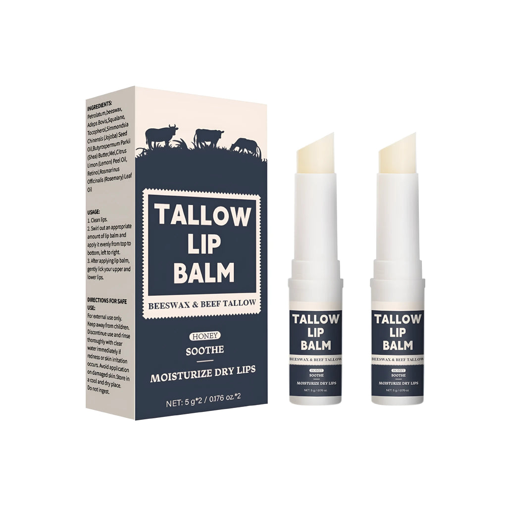 Two standard tube lip balms with a beef fat formula for dry lip care.