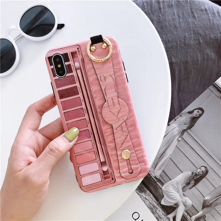 Rose red phone case with wristband and eye shadow box compatible with iPhone 7 8 Plus X XR XS Max