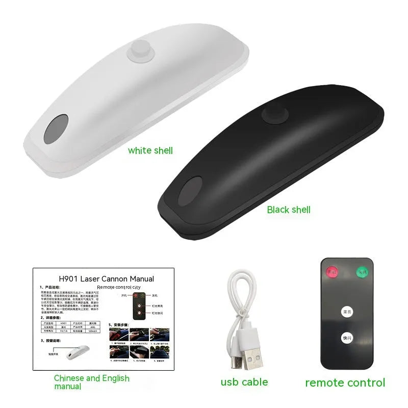 White vehicle-mounted remote pilot lamp laser with USB cable and remote control on a surface