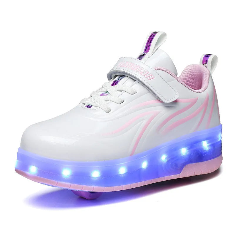 Light charging pulley shoes with double PU wheels in Black Blue colour, size 28-40
