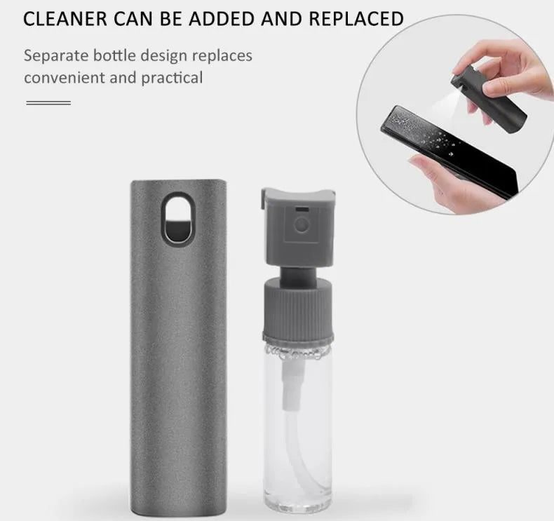 2-in-1 screen cleaner kit with spray bottle and microfiber cloth for mobile phone and computer screens in pink and gray