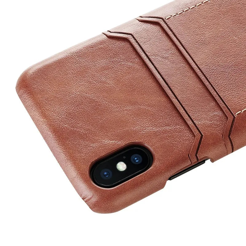 PU leather iPhone back cover with card holster in Black, Dark wood and Light brown