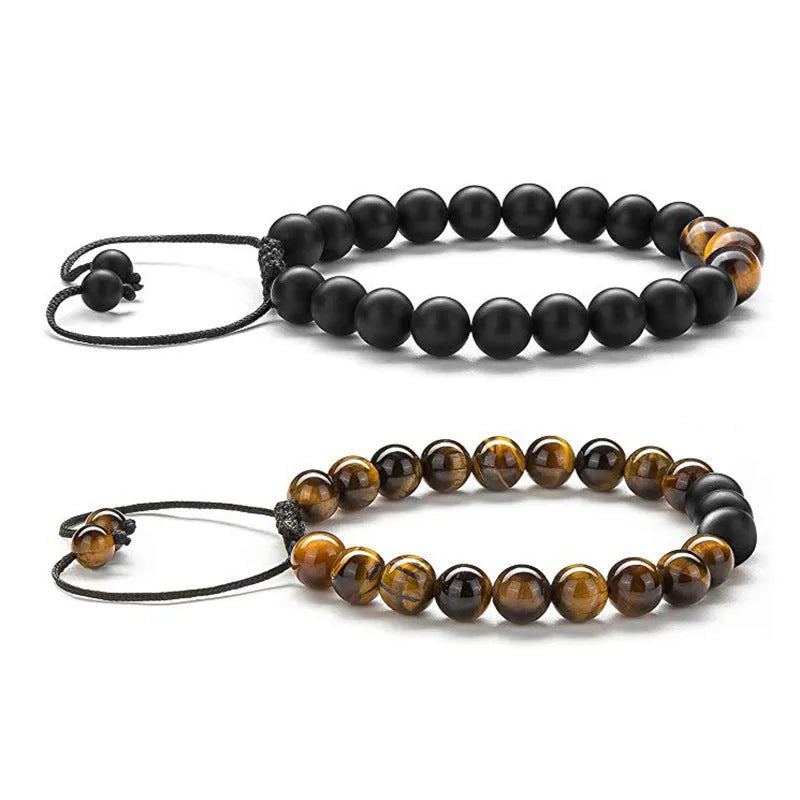 Geometric couple bracelets with tiger eye and matte black agate beads