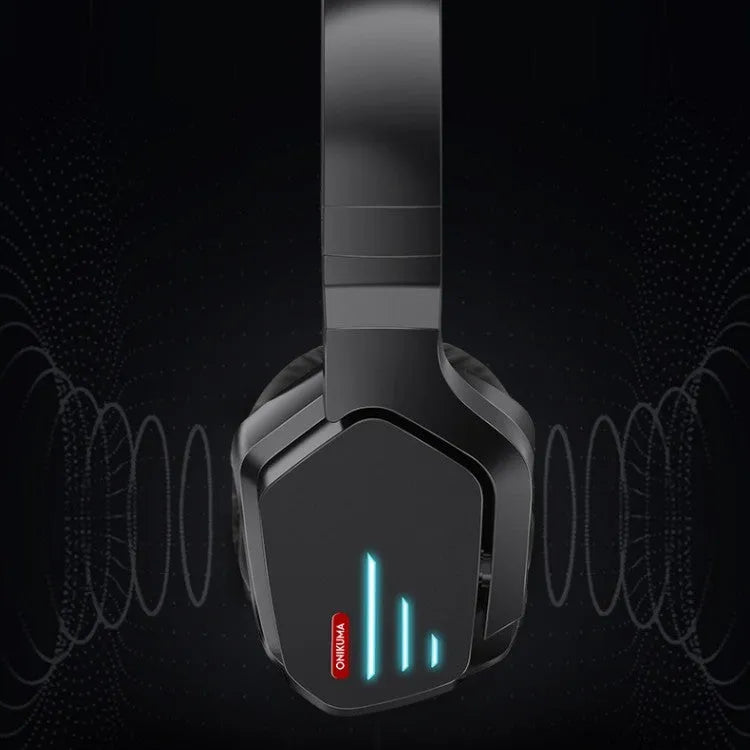 Luminous black wireless gaming headphones with LED lighting showing head-mounted design