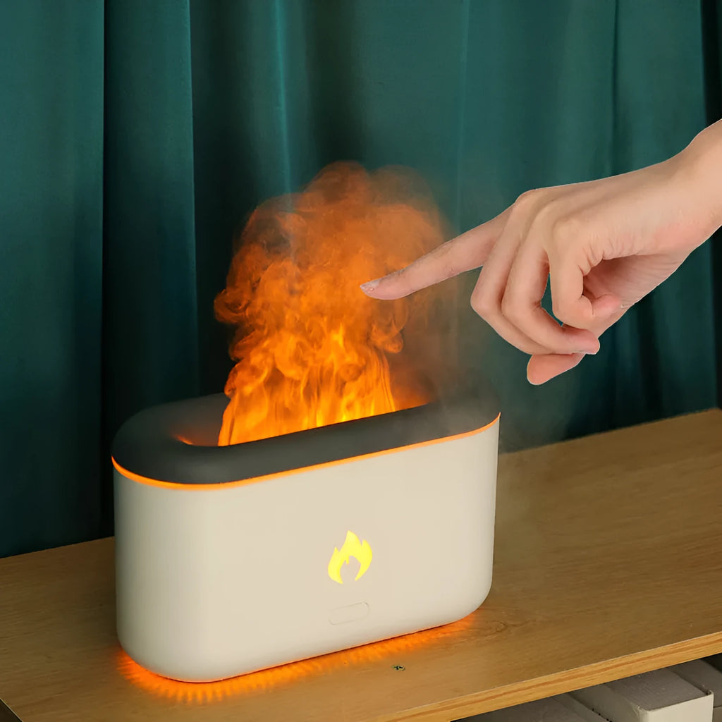 3D flame ultrasonic humidifier with 300ml water tank in white on a wooden desk