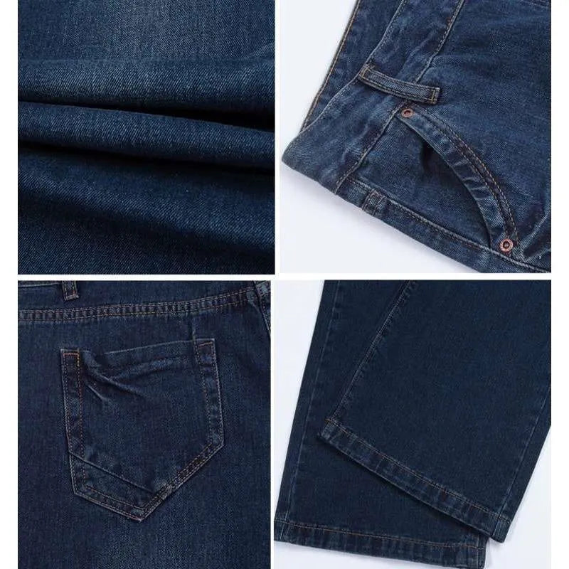 Men's loose straight-leg flared jeans in solid colour, polyester fiber, available in black, blue, and light blue shades