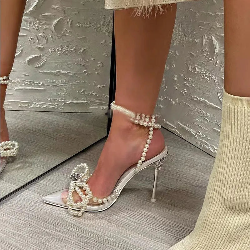 Silver transparent PVC pointed-toe sandals with crystal pearl bow and low heel, sizes 35-42