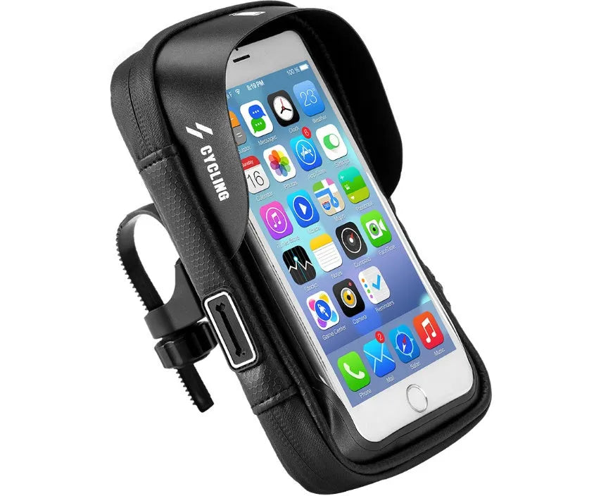 Black waterproof bicycle handlebar bag with transparent touch screen and rotating mount for navigation