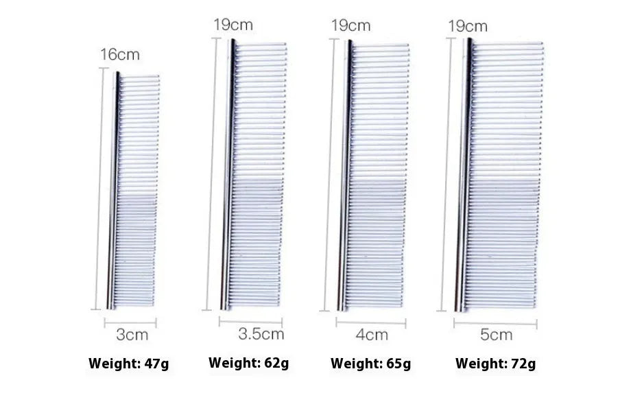 Silver stainless steel straight pet comb in OPP bag, four sizes available for cats and dogs