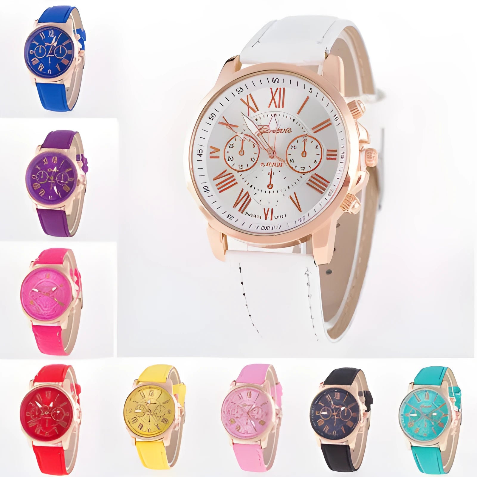 Retro GENEVA quartz watch with three-eye chronograph and brown leather belt on wrist