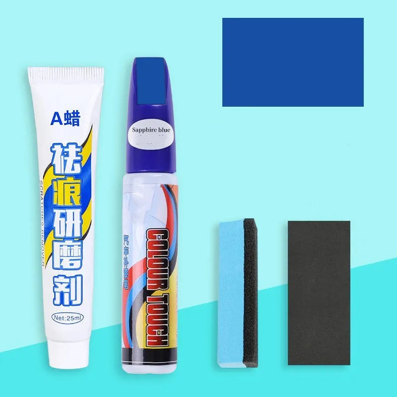 Automotive scratch repair kit with paint pen, wax, sponge, sandpaper in 10 colour options