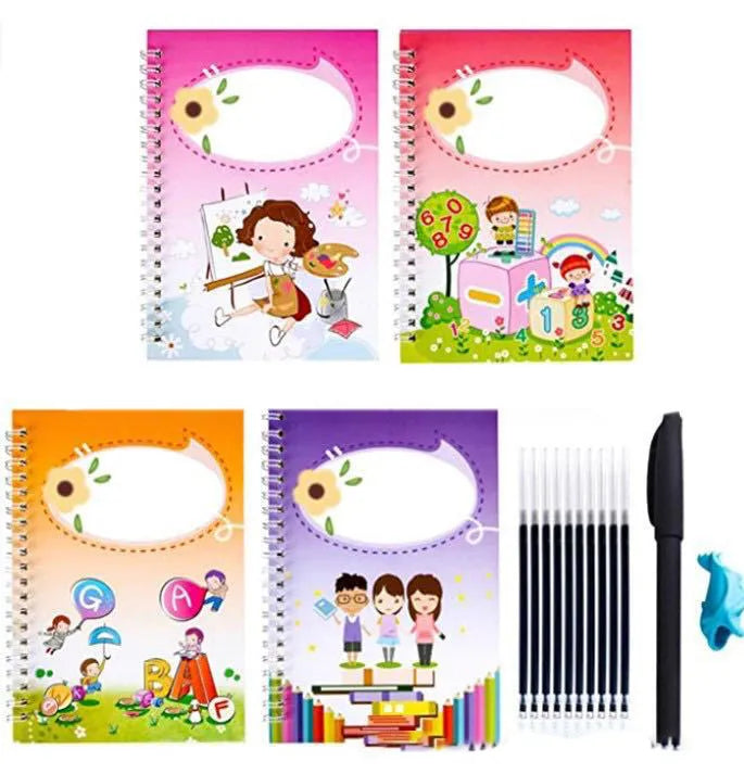 Hard cover magic practice writing book set with disappearing ink, pen holder, and refills on a table