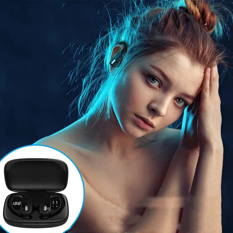 LED Digital Display Hanging Ear Bluetooth 5.0 Wireless Headset in black with battery indicator