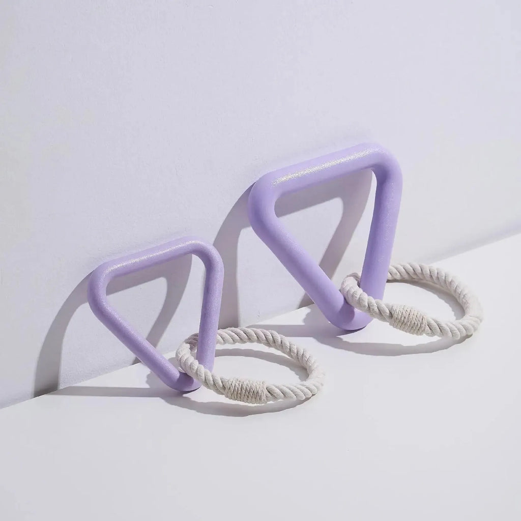 Large triangular cotton rope pull ring dog toy in beige, pink or purple colours