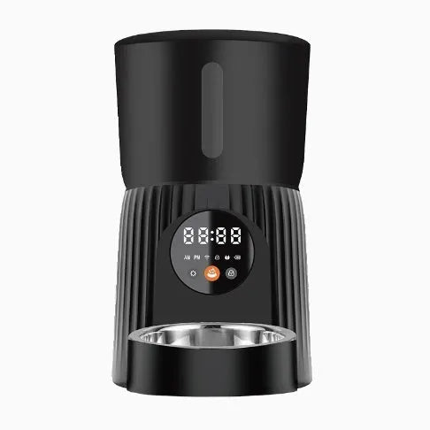 Black and white automatic intelligent pet feeder with USB cable for timed, portion-controlled feeding.