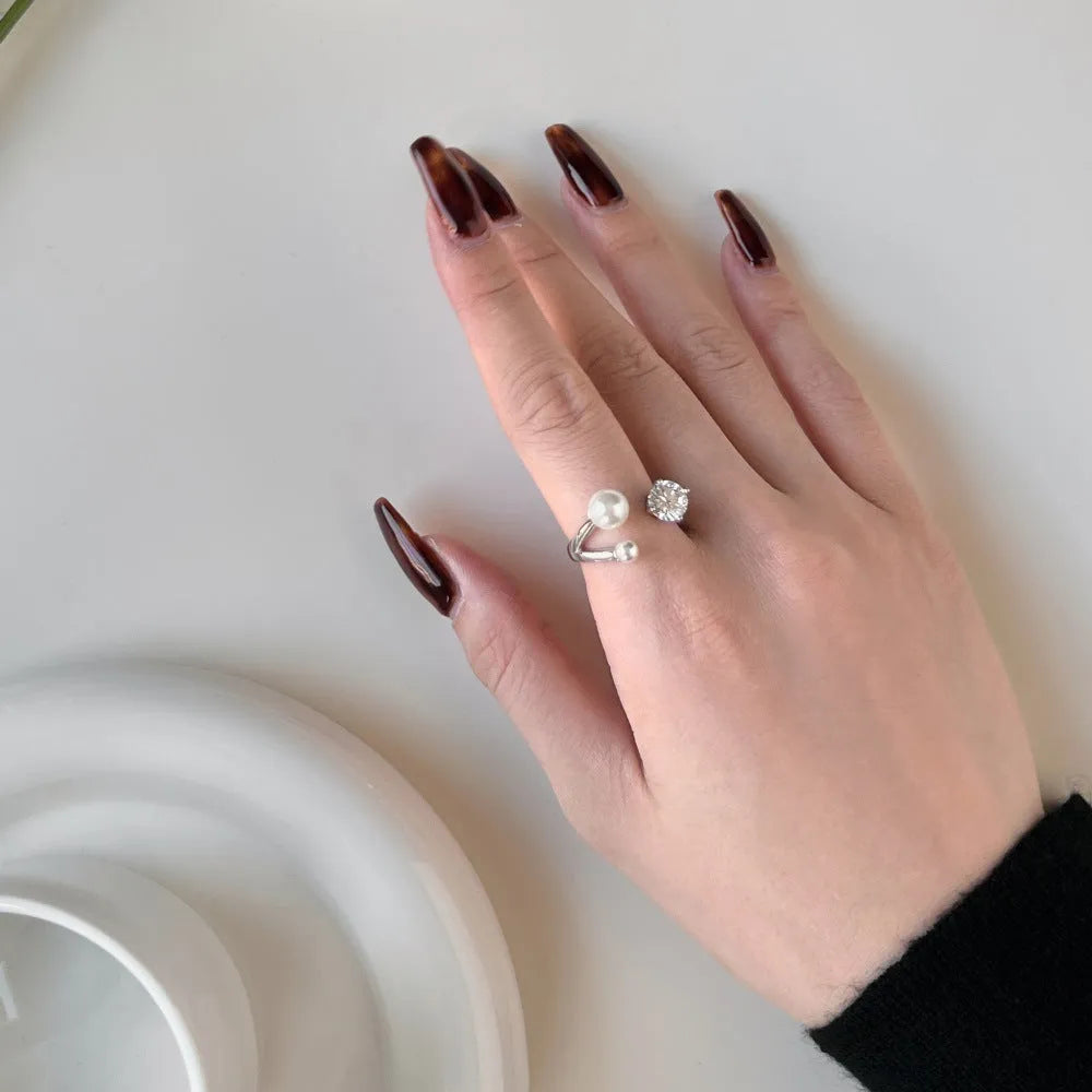 S925 sterling silver open ring for women with zircon and pearl inlay and adjustable opening in platinum colour