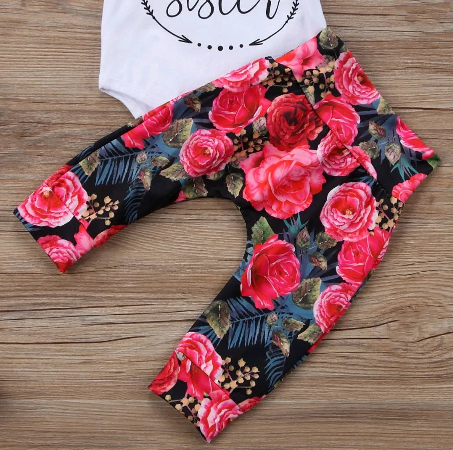 Girls autumn three-piece cotton suit with long sleeves, flower print top, and matching hair band