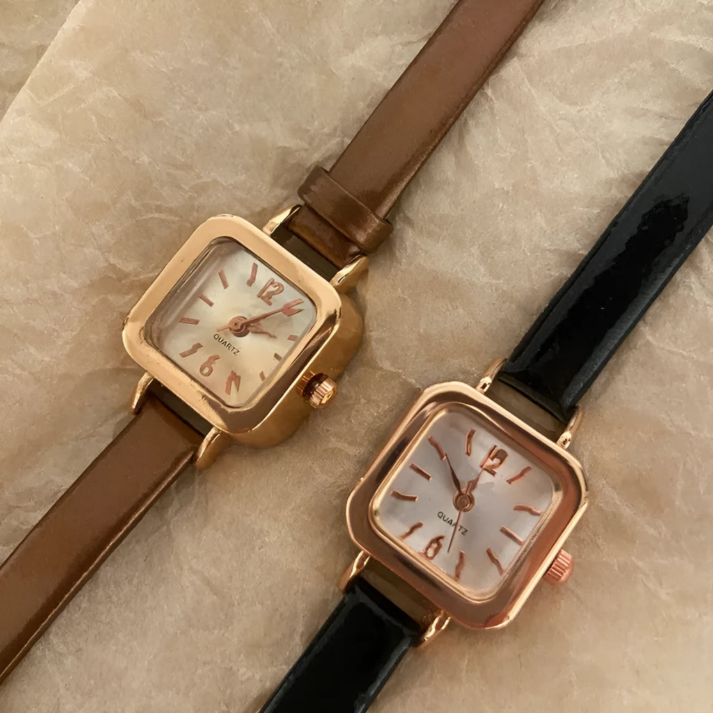 Women's fashion watch with thick alloy case in black, white, pink, or brown colour.