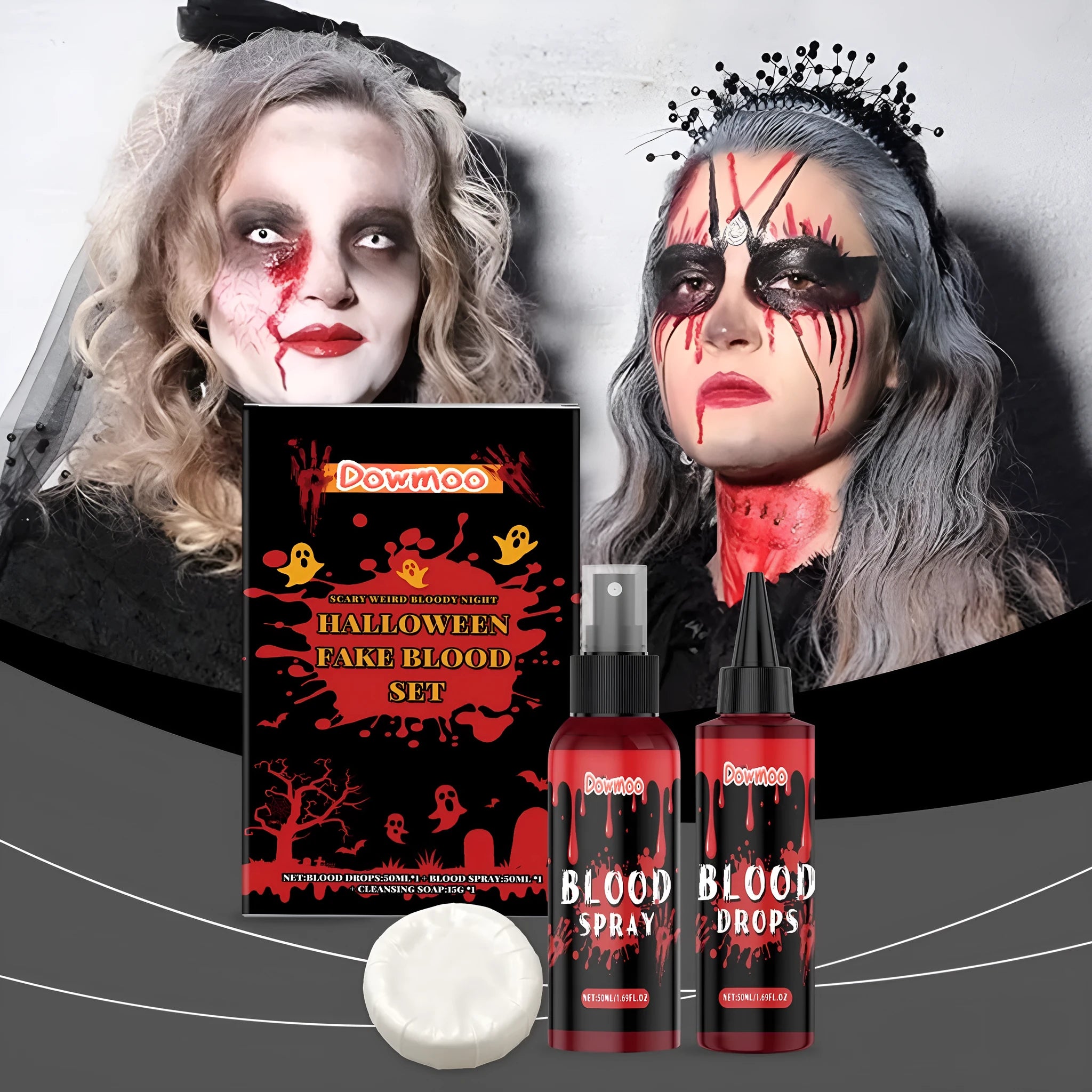 Washable simulation fake blood special effects makeup 3-piece set with bottles and soap.