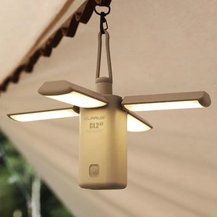 Green and white rechargeable campsite lamp with LED light for outdoor camping use