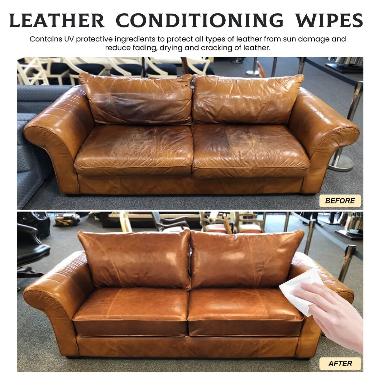 Pack of 40 leather cleaning wipes on a non-woven towel, for sofas and car interiors