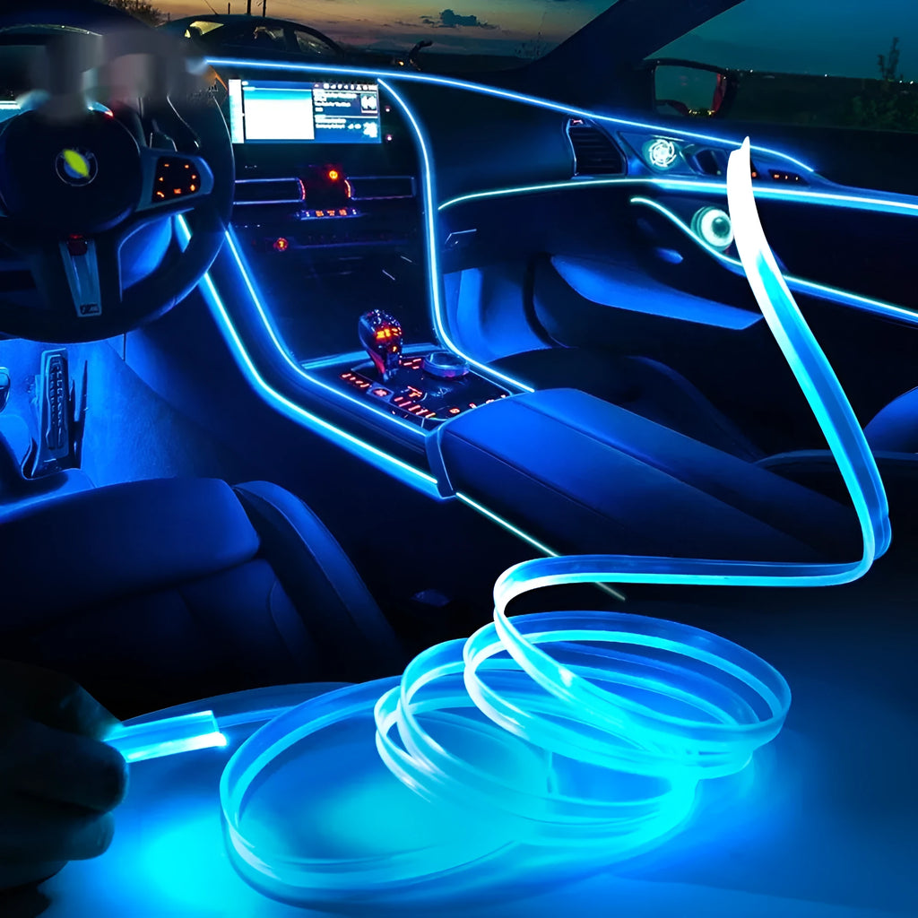 Colourful EL ambience light strip for car interior with USB connector, shown in various lengths.