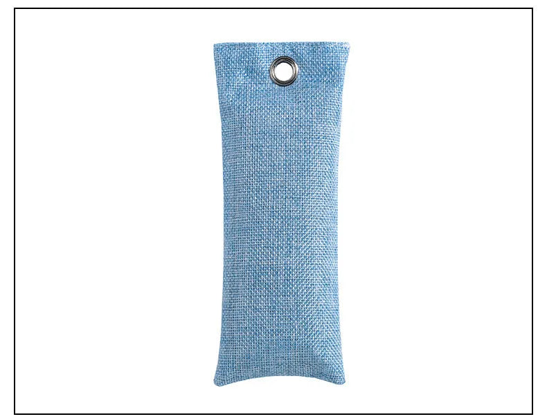 Black linen bag filled with bamboo charcoal for shoe and household odour removal.