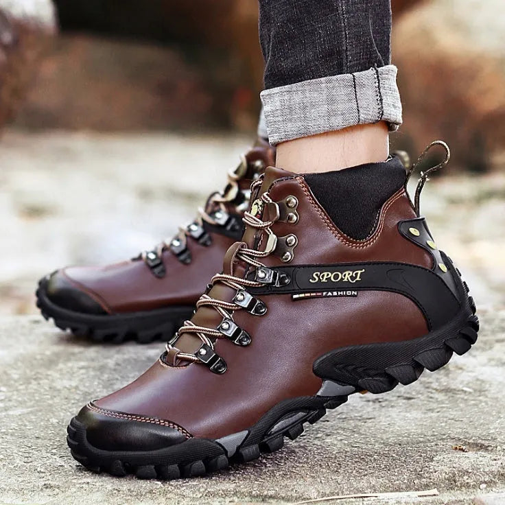 Winter men boots with faux fur lining black split leather lace-up ankle round toe size 38-46