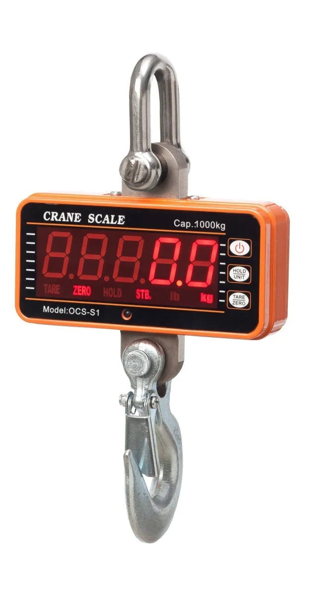 Orange electronic crane scale with digital display showing weight, for loads up to 500kg.