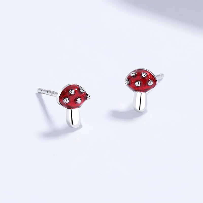 Pair of 925 sterling silver mushroom geometric line stud earrings in white gold finish with rubber stopper