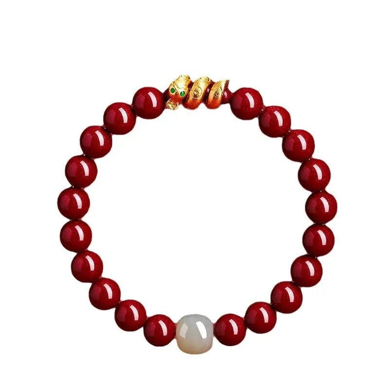 Handmade Chinese cinnabar bracelet with snake zodiac beads in 6mm or 8mm sizes