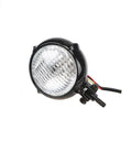 Black retro Harley-style halogen headlight unit with an aluminium housing and yellow lens.