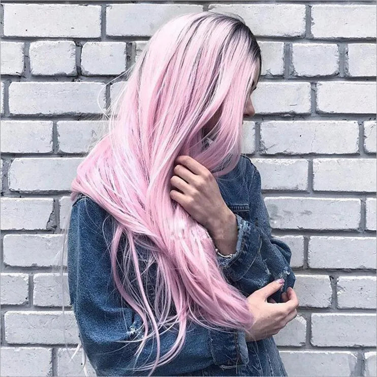 Long straight gradient fake hair wig with air bangs in Korean style made from high temperature silk