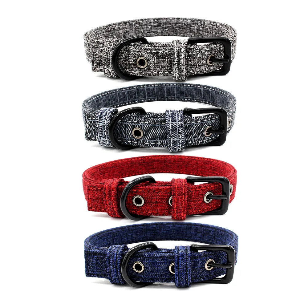 Double layer canvas dog collar with light-reflecting fabric, colourful design, sizes XS to L