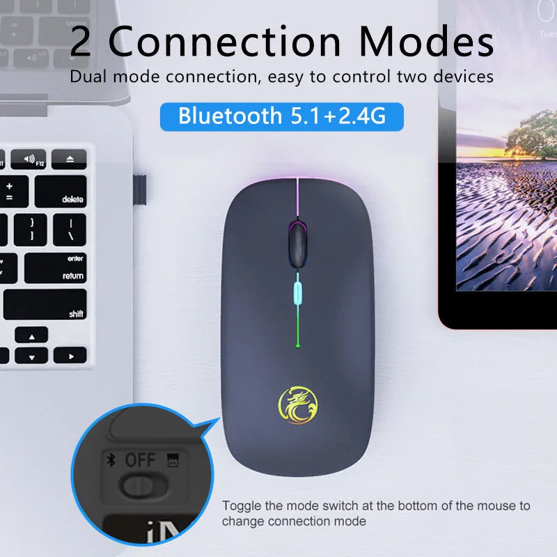 Black and white luminous charging silent wireless mouse on a desk with adjustable DPI and Bluetooth connectivity.