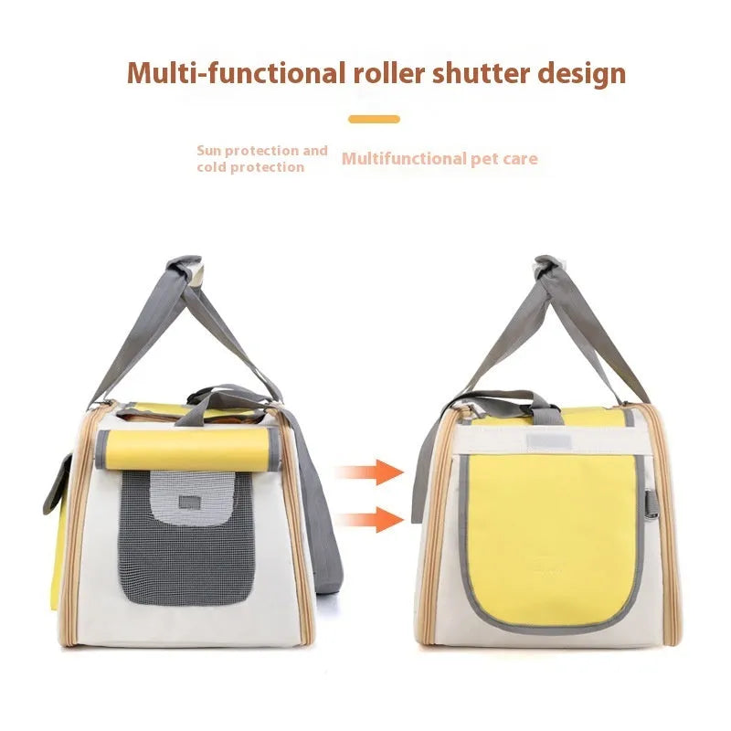 Foldable single shoulder pet carrier bag in canvas material shown in yellow colour.