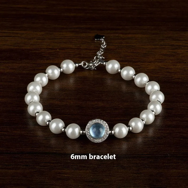 Aquamarine silver pearl bracelet with rhombus design, light luxury style, 3mm or 6mm size, electroplated finish