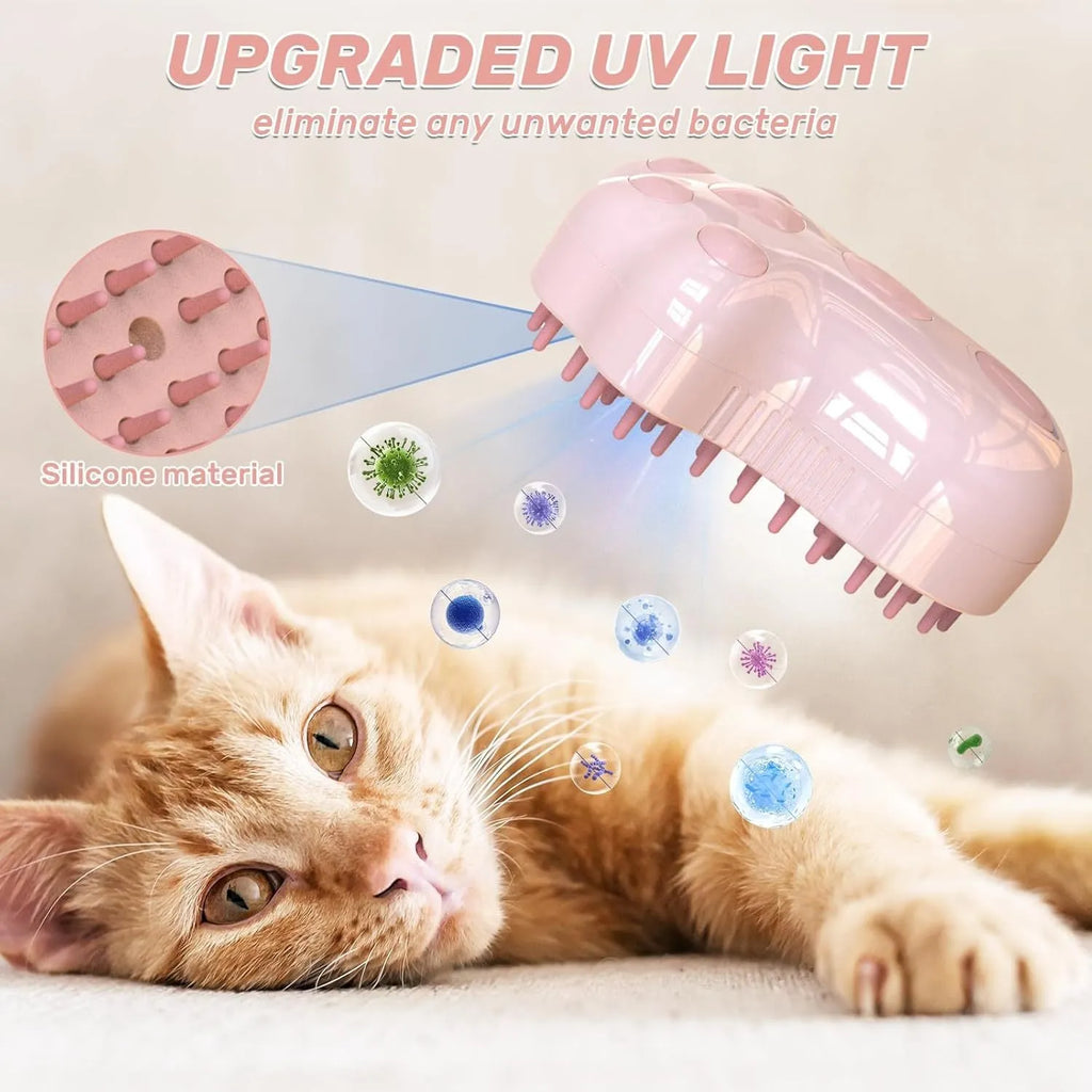Blue 4-in-1 self-cleaning cat steam brush with silicone bristles and rechargeable spray bottle