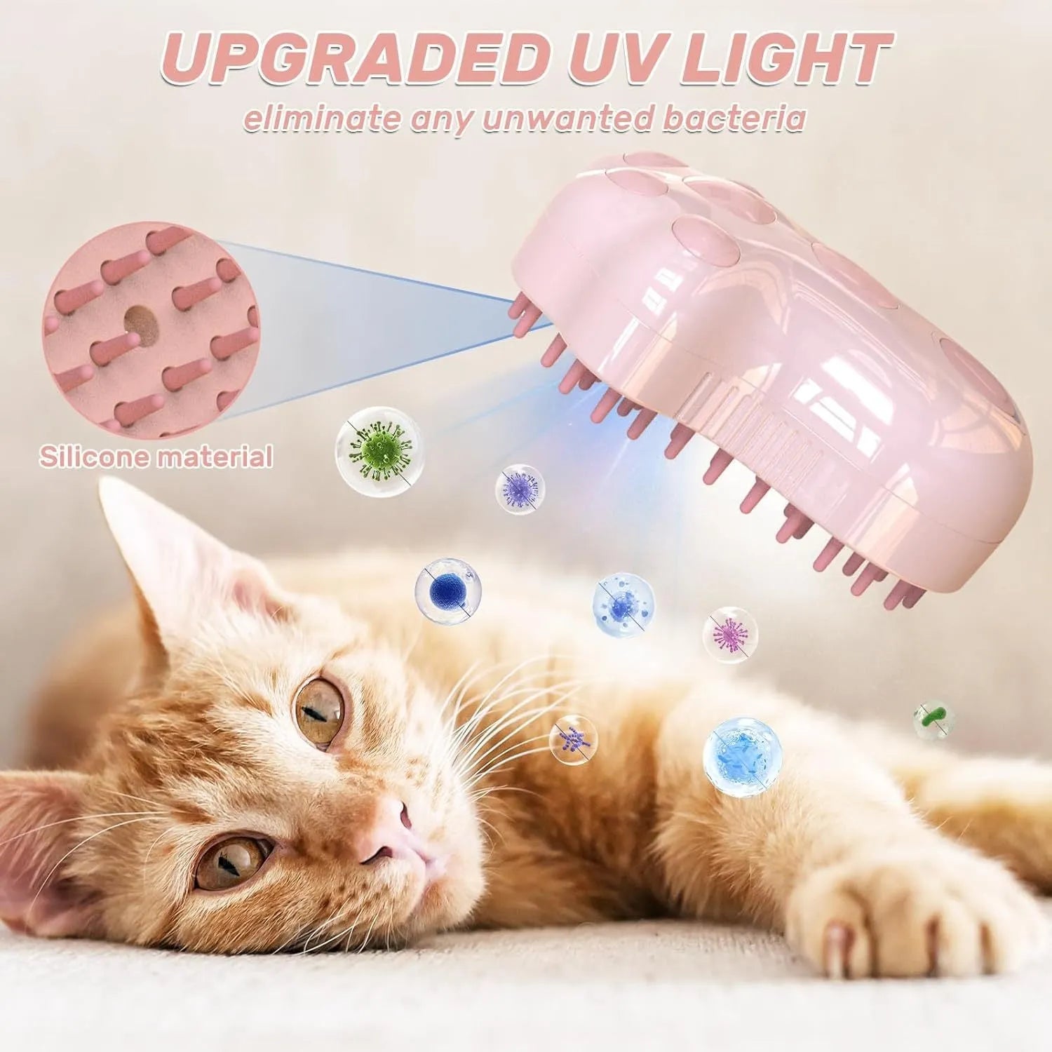 Blue 4-in-1 self-cleaning cat steam brush with silicone bristles and rechargeable spray bottle