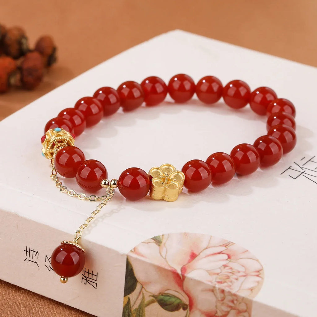 Natural agate bracelet with peach blossom copper parts showing 8mm bead size