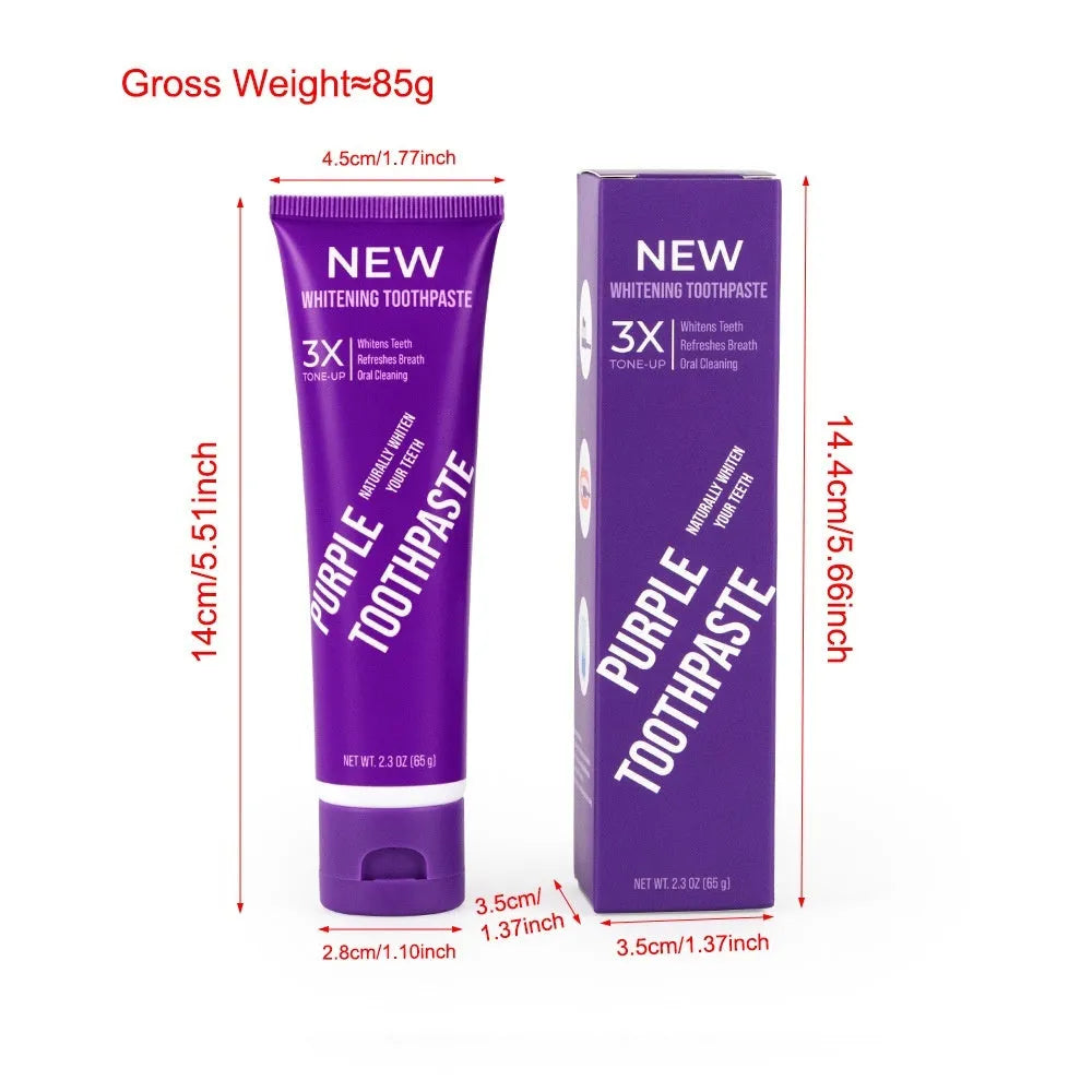 Purple whitening toothpaste tube for adults in 120g and 65g sizes with fluoride formula