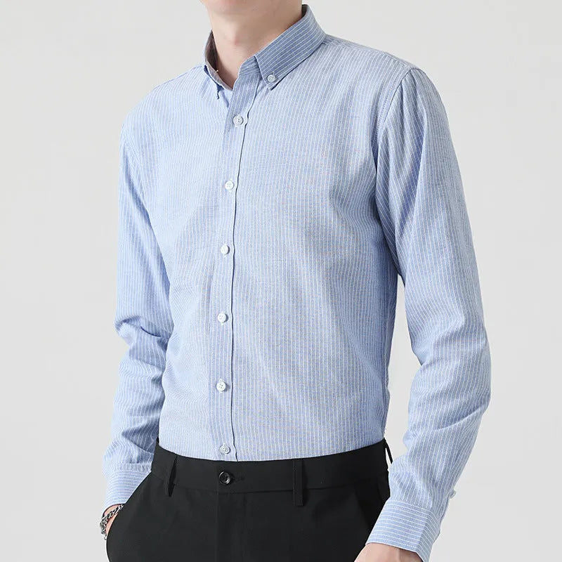 Casual men's long-sleeved striped Oxford cloth slim-fit cardigan shirt in blue