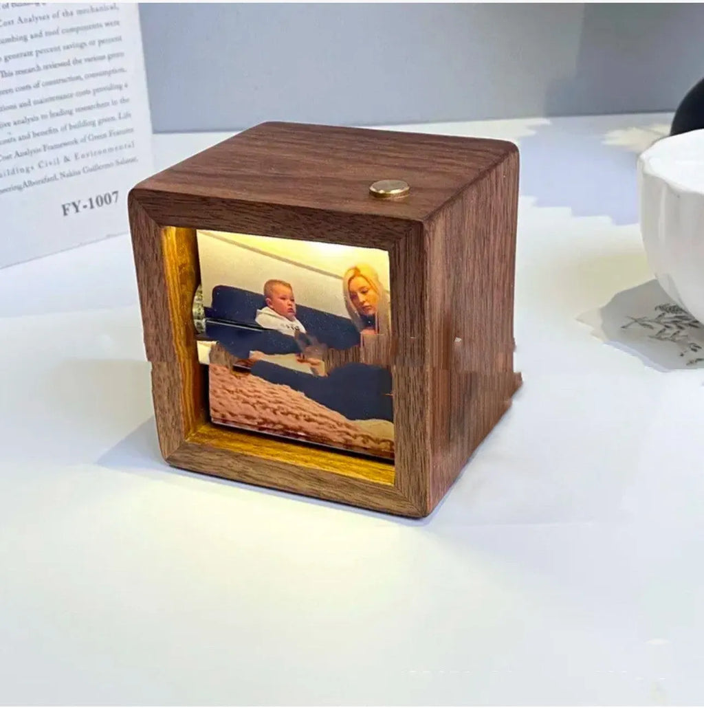 Customised flip book photo machine square ornament in wood finish with multiple photo cards and LED lights