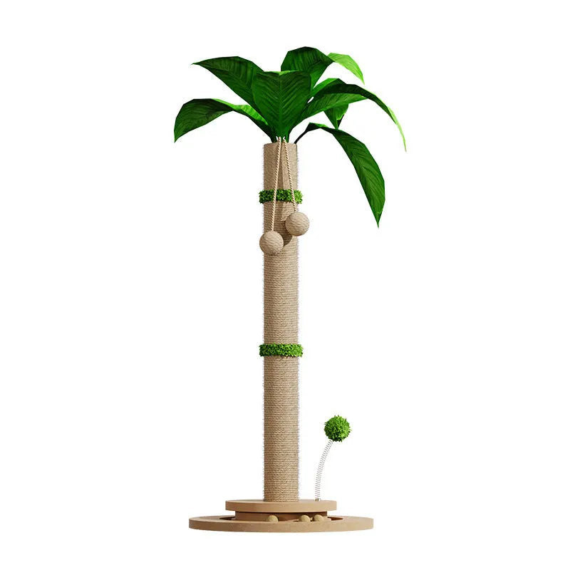 Vertical cat climbing frame with hemp rope scratching post and a square platform, in a natural canna colour.